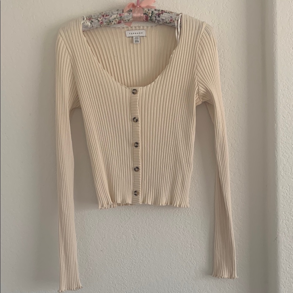 Topshop Cream Ribbed Fitted Blouse